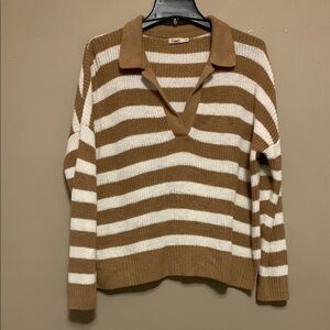 Faherty Women’s Miramar Collared V-Neckline Polo Striped Tan and Cream Sweater M